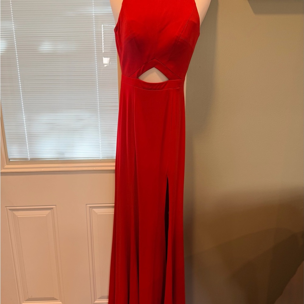 Rachel Allan Red Cutout Halter Prom Gown